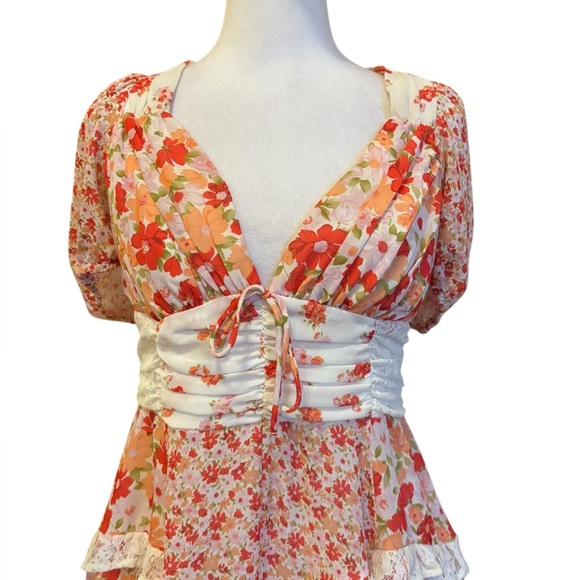 Altar’d State Aderny Patchwork Floral Mini Dress Tiered Short Sleeve Womens XL - Picture 8 of 14